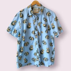 VSTR PREMIUM Mens Bob Cat Print Sz XL Cotton Button Down Shirt Novelty Blue
